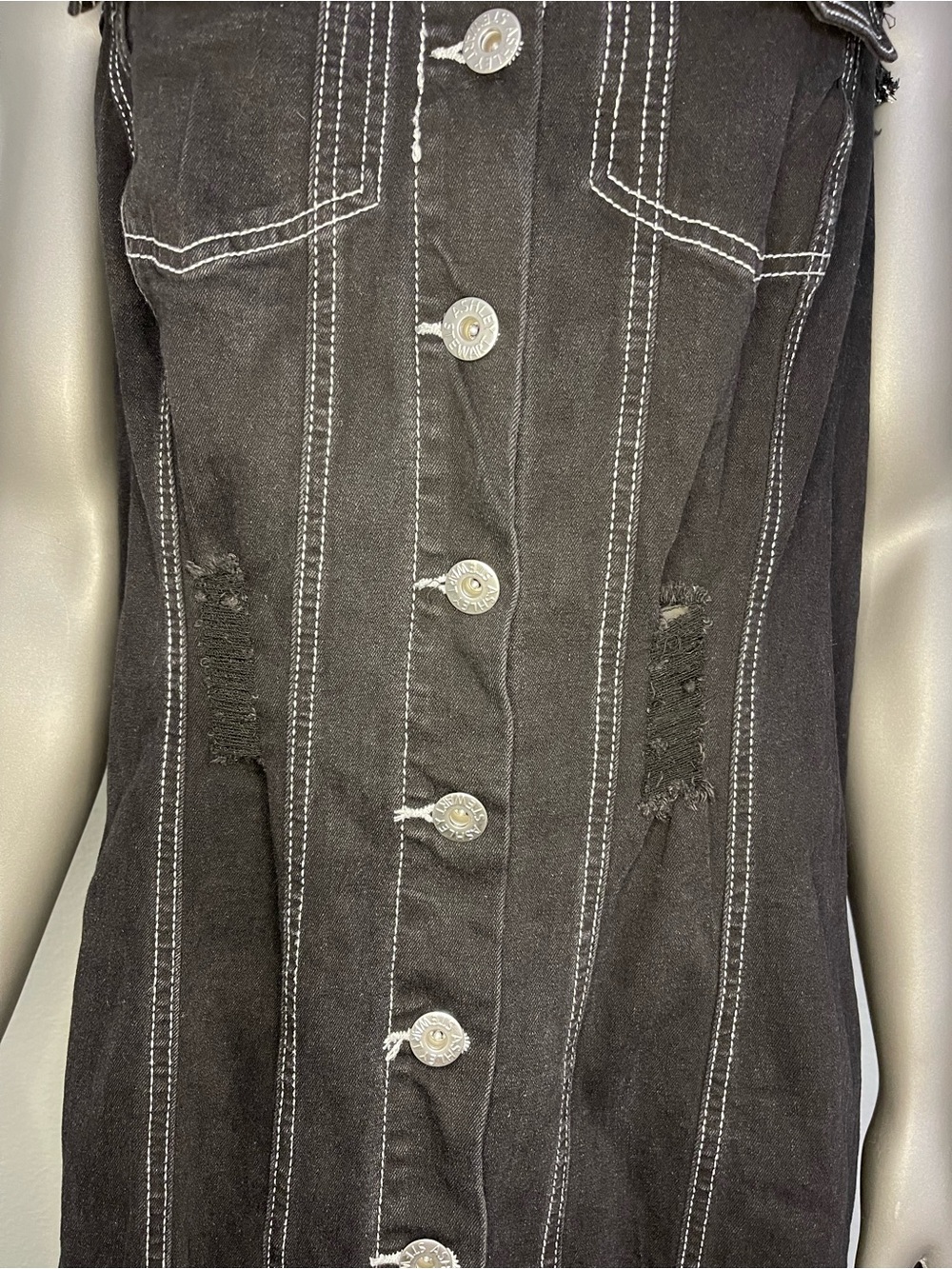 Ashley Stewart Jeans Duster Vest 14/16 Black Distressed Denim Button Down - Picture 9 of 13